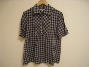 McGREGOR マックレガー ギンガムチェックシャツ 半袖 ハーフボタン 刺繍 黒×ベージュ ブラック サイズ11