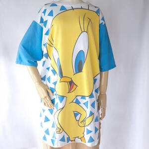 O813vi-eqop/ルーニーテューンズ Looney Tunes トゥイーティー ワンピース丈 Tシャツ USED 古着 ビッグプリント キャラT 90s ワーナー