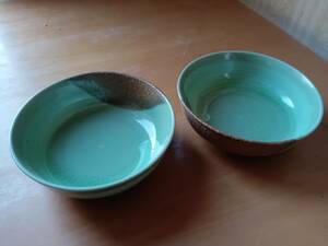 和食器 緑青磁 茶釉薬切替 丸小鉢2客 陶器 陶芸　*0923