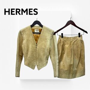 高級 HERMES エルメス ピッグスキン 本革 ノーカラーレザージャケット＆レザースカート セットアップ