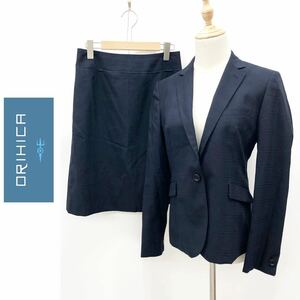 ORIHICA オリヒカ スカートスーツ セットアップ 背抜き チェック ひざ丈 ビジネス オフィス オフィス ネイビー 紺 サイズ11 L