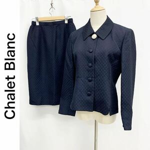 Chalet Blanc シャレブラン セットアップ スーツ デザイン ジャケット 総裏地 ひざ丈スカート ネイビー 紺 サイズ9 レナウシルク混 M
