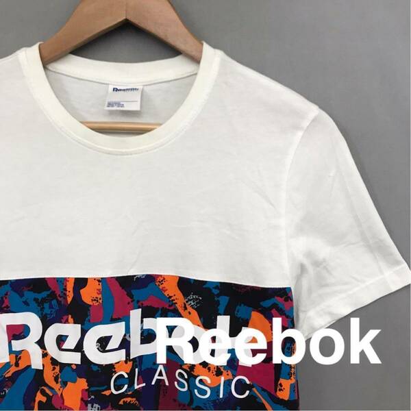 リーボックReebok 半袖 Tシャツ ビッグロゴ プリント 丸首 綿100% classicトップス 男性用 メンズ ホワイト Mサイズ £□