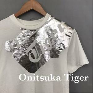 オニツカタイガー Onitsuka Tiger 半袖 Tシャツ ビッグロゴ シルバー プリント 丸首 綿100% トップス メンズ ホワイト Mサイズ £□