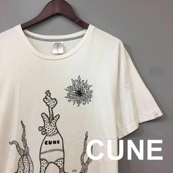 キューン CUNE Tシャツ ビックプリント 半袖 丸首 ホワイト トップス カットソー メンズ 男性用 Lサイズ ♭□∞