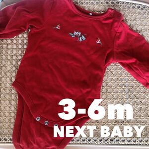 【美品】NEXT BABY ネクストベビー ロンパース 赤 クリスマス 3-6m 60 70 80 刺繍 ボディースーツ 部屋着
