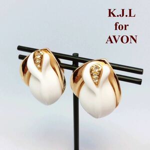 ★即決★ KJL for AVON ケネスジェイレーン イヤリング ミッドナイトローズ ホワイトローズ 白薔薇 ラインストーン ゴールド ヴィンテージ