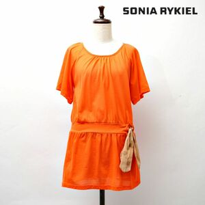 美品 SONIA RYKIEL ソニアリキエル 半袖カットソー チュニック 半袖 トップス フレア リボン オレンジ サイズ32*GC1372