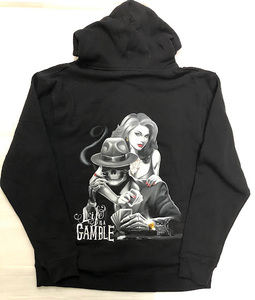 BH70)NO BRAND LIFE IS A GAMBLE プリントプルオーバーパーカー/BLK/L/USサイズ/大きいサイズ/LA