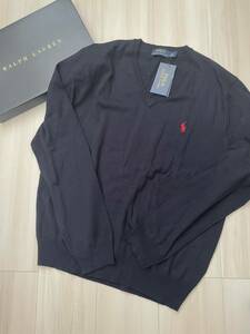 新品 RALPH LAUREN ラルフローレン Vネック メンズ長袖ニット 羊毛 100％ ネイビー 紺 US:Mサイズ チェスト98 セーター　薄手ニット