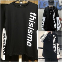 ラスト１点　新品 重ね着風 レイヤード 袖ロゴ 英字　ロングTシャツ 長袖　配色 黒 白　オーバーサイズ　thisisme　即購入OK　【値下げ不可_画像1