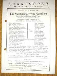 1949年12月29日 ウィーン国立歌劇場パンフレット / クレメンス・クラウス指揮 「ニュルンベルクのマイスタージンガー」
