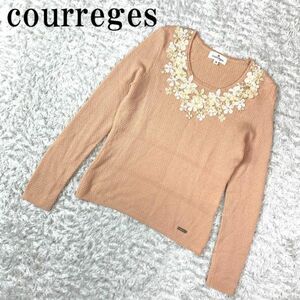 courreges クレージュ ニットトップス ライトピンク お花 ビーズ刺 長袖 ウール ポリエステル 38 B2709