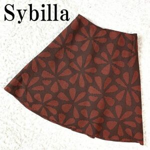 Sybilla シビラ フレアスカート 花柄 レッド系 赤 ウール レーヨン シルク キュプラ 1 B2802