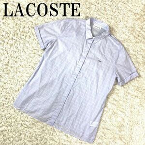 LACOSTE ラコステ チェックシャツ サックス ブルー 青 水色 ワンポイント刺 半袖 コットン 40 B2909