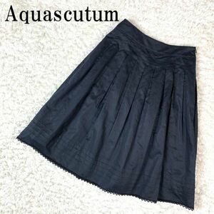 Aquascutum プリーツスカート ネイビー アクアスキュータム 紺色 コットン リネン キュプラ 8 B3126