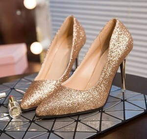  pumps po Inte dotu pumps high heel pin heel lame beautiful legs Gold gold office 23.0Cm