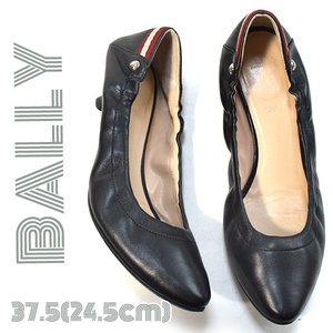 BALLY■ストライプライン　ギャザー入りレザーパンプス　ローヒールシューズ*37.5(24.5cm相当)　ブラック黒　バリー