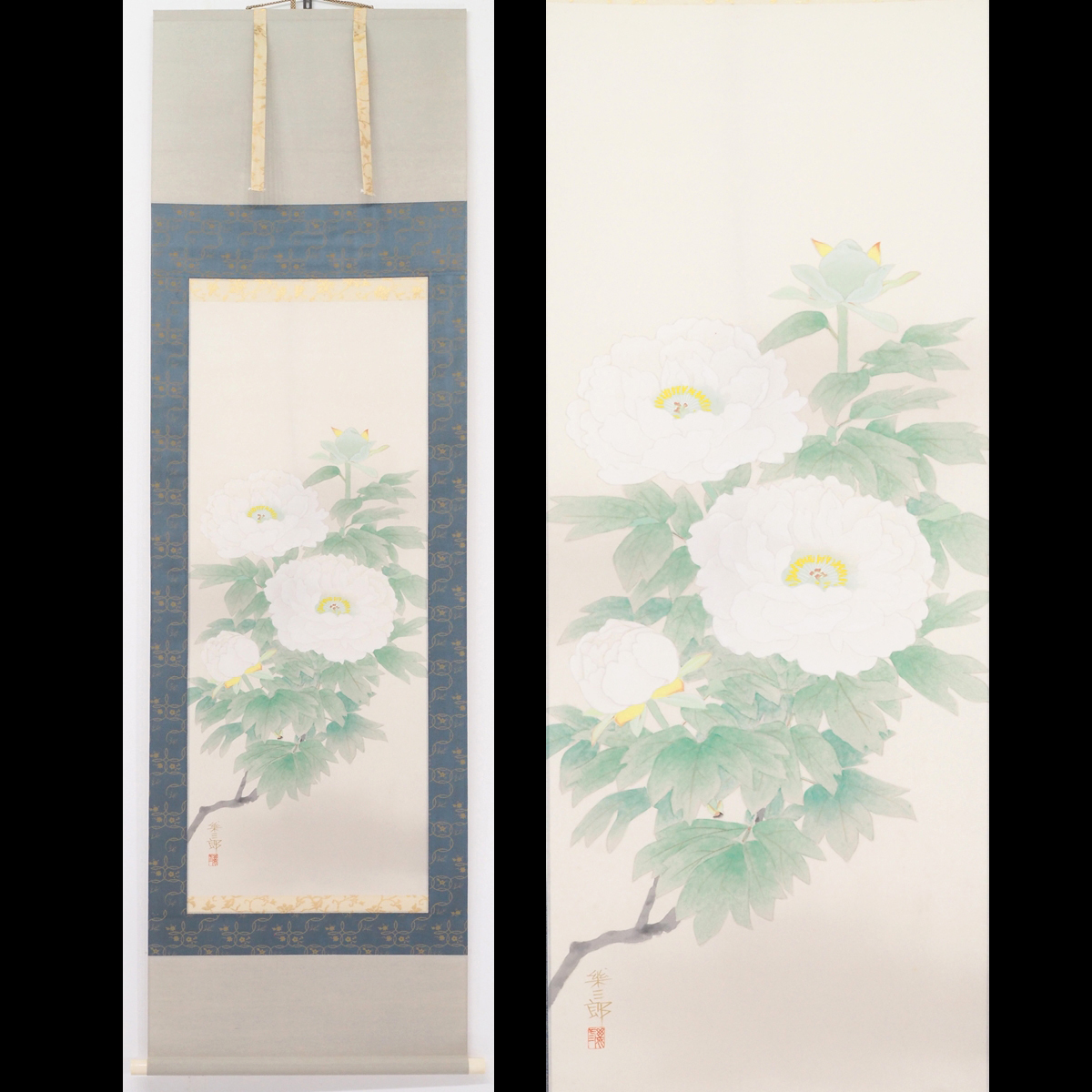 [Authentic] [Watarikan] [Ikusaburo Hashiguchi] 8522 Hanging scroll Japanese painting Peony Double box with box and thick scroll Silk book Landscape Kumamoto Amakusa Master Keika Kanashima signed, Painting, Japanese painting, Flowers and Birds, Wildlife