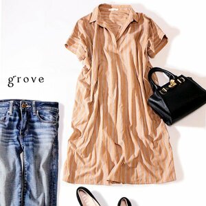 ☆☆ 美品 (株)ワールド grove グローブ ☆☆ ゆったり可愛い 麻綿混紡 ミモレ丈 ワンピース L 春 夏 23B06