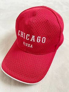 美品　CHICAGO PIZZA　シカゴ ピザ　メッシュキャップ　野球帽　レッド　刺繍ロゴ　大人用　フリーサイズ　アメカジ　古着