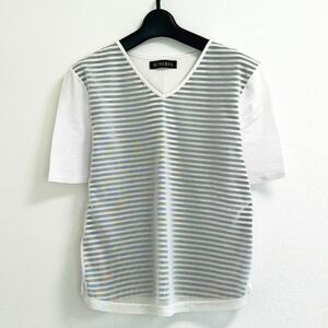 【0173】シースルーデザインカットソー ネイビーボーダー Ｍサイズ 半袖Tシャツ VネックTシャツ ボーダーTシャツ