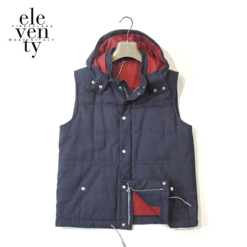 【定価10.2万・新品・M】 eleventy PLATINUM(イレブンティ)ウールシルクリネン キルティングフーデッドベスト ネイビー SP025011