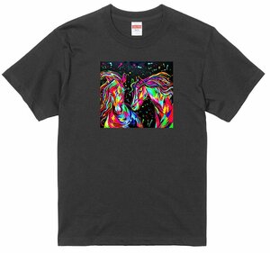 サイズS/M/L/XL有 レインボー カラフル グラフィック イラスト アート絵画 Tシャツ 馬 2 黒 ホース 夫婦馬 午年