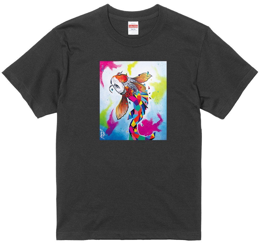 Größen S/M/L/XL Regenbogen Bunte Grafik Illustration Kunst Malerei T-Shirt Schwarz Rising Carp Japanisches Muster Fisch Karpfen Nishikigoi, Größe XL und größer, Rundhals, Eine Illustration, Charakter