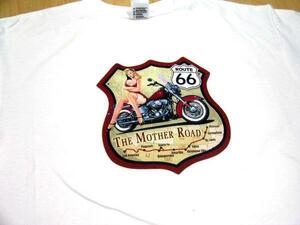 ホットロッド系バイク柄Tシャツ白Ｐルート66アメカジレトロ アメ車 ハーレー hotrod アメリカン チョッパー オールディーズ 看板 標識