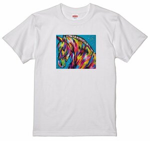 サイズS/M/L/XL有 レインボー カラフル グラフィック イラスト アート絵画 Tシャツ 馬 3 ホース 白地 午年