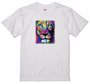 サイズS/M/L/XL有 レインボー カラフル グラフィック イラスト アート絵画 Tシャツ ライオン 3 獅子 白地
