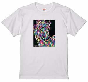 サイズS/M/L/XL有 レインボー カラフル グラフィック イラスト アート絵画 Tシャツ 馬 4 ホース 白地 午年