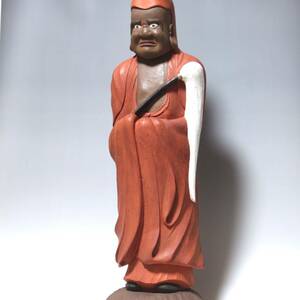 彩]　達磨大使像／だるまたいしぞう　木彫　達磨　禅宗の開祖　高さ約：63cm　仏教美術　偉いお坊さん　時代物