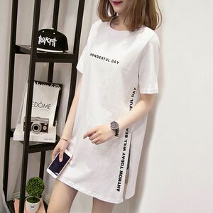 【006410M】ワンポイントロゴ フェイクTシャツ ワンピース風 ホワイト 半袖 ロゴデザイン ワンピースレディース Tシャツ