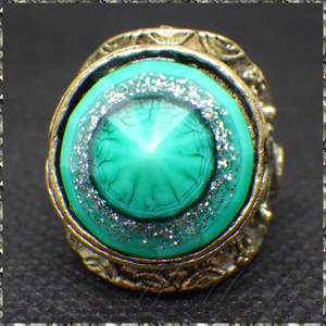 [RING] Antique Green Eyeball Cone Stone グリーン アイ ボール 目玉 ストーン アンティーク ゴールド エスニック調 デザイン リング 12号