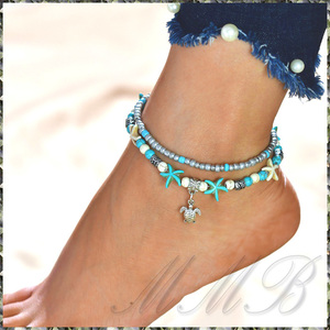 [ANKLET]umigame charm turquoise blue hitote Stone silver * blue * white beads double anklet [ free shipping ]