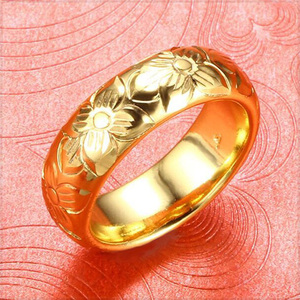 [RING] 24K Gold Plated エレガント レトロ フラワー 彫刻 模様 デザイン ピュア ゴールド カラー 甲丸 6mm リング 17号