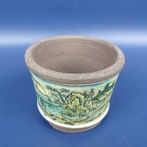 【中古】盆栽鉢 陶翠 小鉢 長辺 約7.4cm 丸鉢 外縁 色絵 山水図 現品 中古鉢_画像4