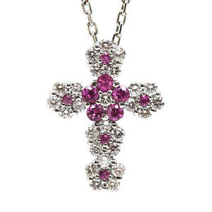 K18WG Pt850 10 character . motif necklace approximately 37cm pink sapphire diamond 18 gold white gold platinum Cross 20647