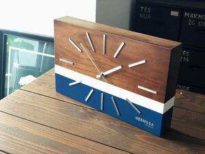 掛け時計 ウォールクロック （ブルー） ウッドクロック 四角 置き時計 西海岸 ミッドセンチュリー カフェ　おしゃれ かっこいい