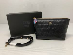 ☆ 美品 ANNA SUI アナスイ ショルダーバッグ ポシェット 外側バタフライ柄 内側花柄 ショルダーベルト付き ブラック系 通年