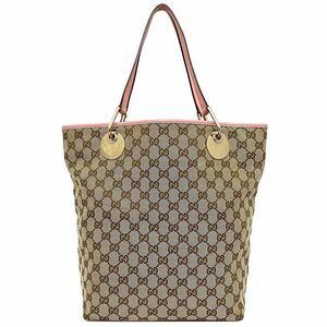 グッチ トートバッグ ベージュ ピンク 120836 GG キャンバス レザー 中古 GUCCI 縦型 大容量 肩掛け