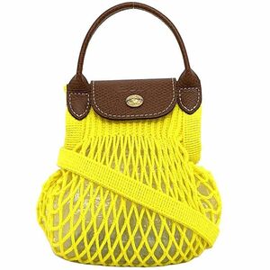  Long Champ Mini shoulder bag yellow Brown p rear -ju beautiful goods cotton leather used LONGCHAMP