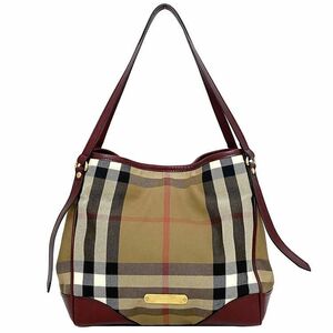 バーバリー トートバッグ ベージュ レッド メガチェック 肩掛け チェック キャンバス レザー 中古 BURBERRY