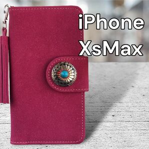 iPhoneXsMax スエード調 ワインレッド コンチョ付 iPhoneケース手帳型 アイホーン アイホン 手帳型ケース