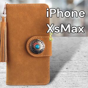 iPhoneXsMax スエード調 コンチョ付 キャメル アイホンケース 手帳型ケース スマホケース 