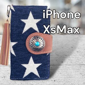 iPhoneXsMax スター柄 ネイビー 手帳型ケース スマホケース アイホンケース