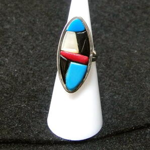 80's ビンテージ ズニ族 8号 インレイ WP作 マルチカラー Zuni Inlay Handmade Ring 送料込