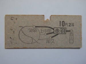 国鉄硬券　地図式乗車券　赤羽から10円　2等　昭和36年　赤羽駅発行